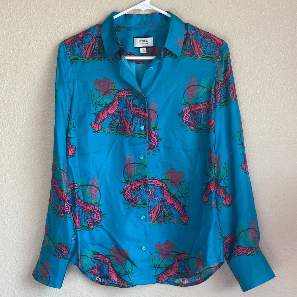 J. Crew Collection Silk Lobster Print Button Up Shirt Teal Blue Nautical Women 4